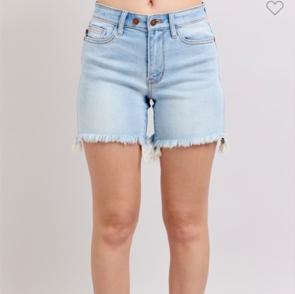Blue High-Waisted Jean Shorts with Frayed Hem